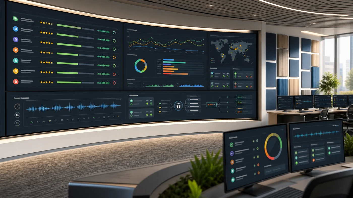 AI voice agent evaluation command center with platform score lanes, live call-quality meters, waveform panels, and routing status boards.