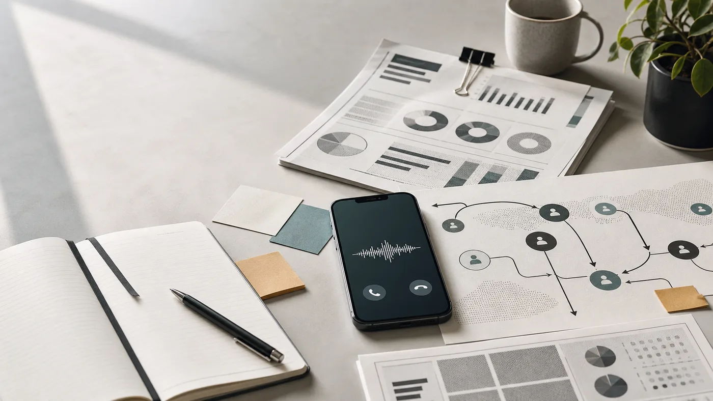Research desk with a smartphone voice waveform, scorecards, and call routing notes for comparing AI voice agents.