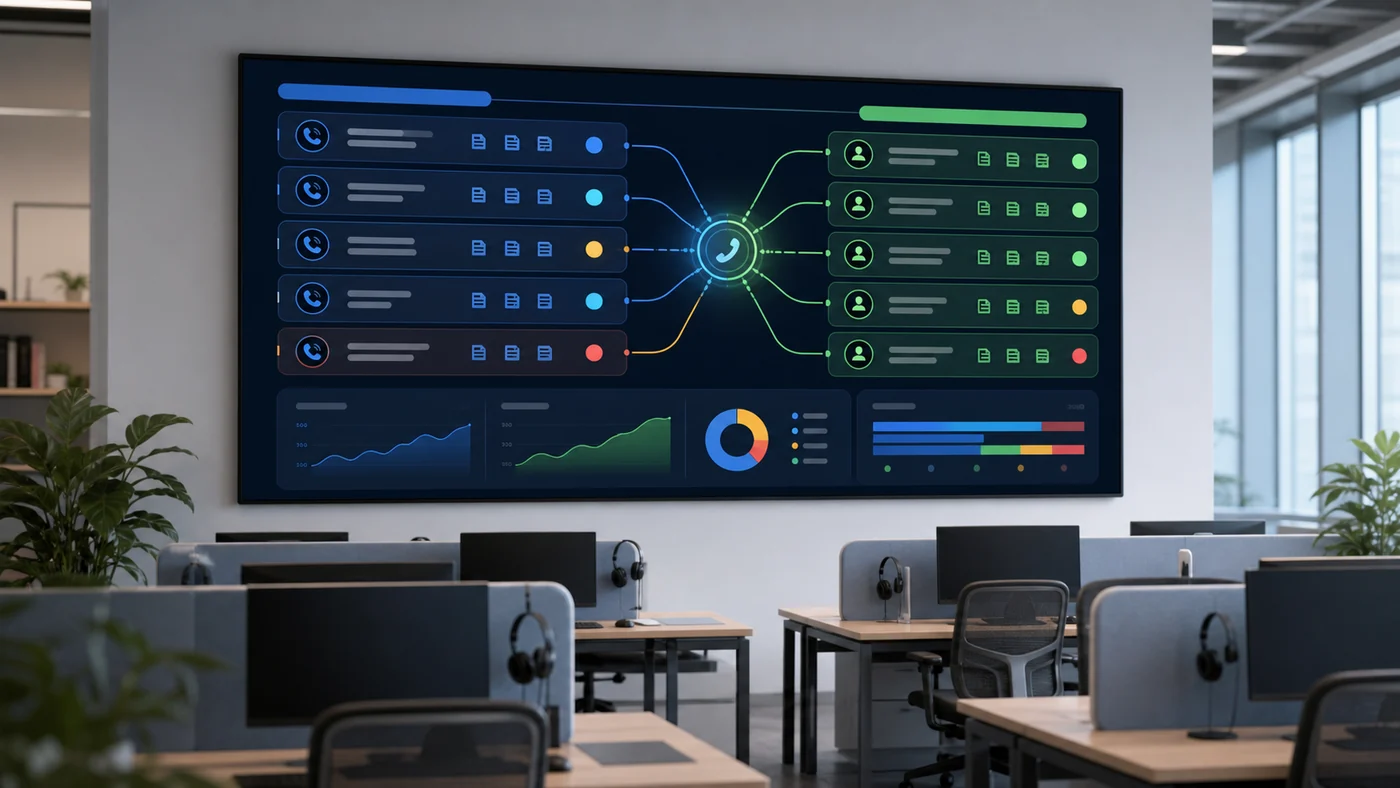 AI voice agent handoff queue display with caller cards moving from automated triage to human specialist lanes.