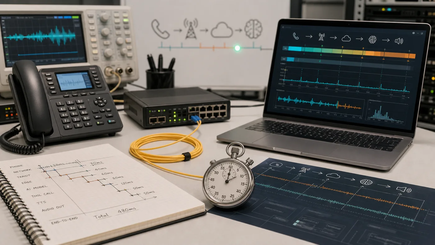 Telecom timing bench with desk phone, network appliance, stopwatch, fiber cable, waveform display, and latency traces.