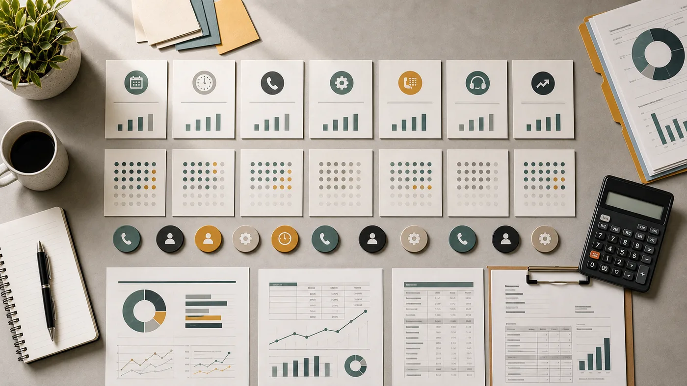 AI receptionist pricing research desk with calculator, cost cards, call-volume tiles, and phone billing charts.