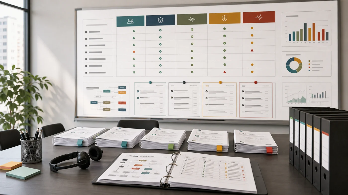 AI voice agent RFP decision room with vendor proof packets, call-flow cards, compliance binders, and evaluation board.