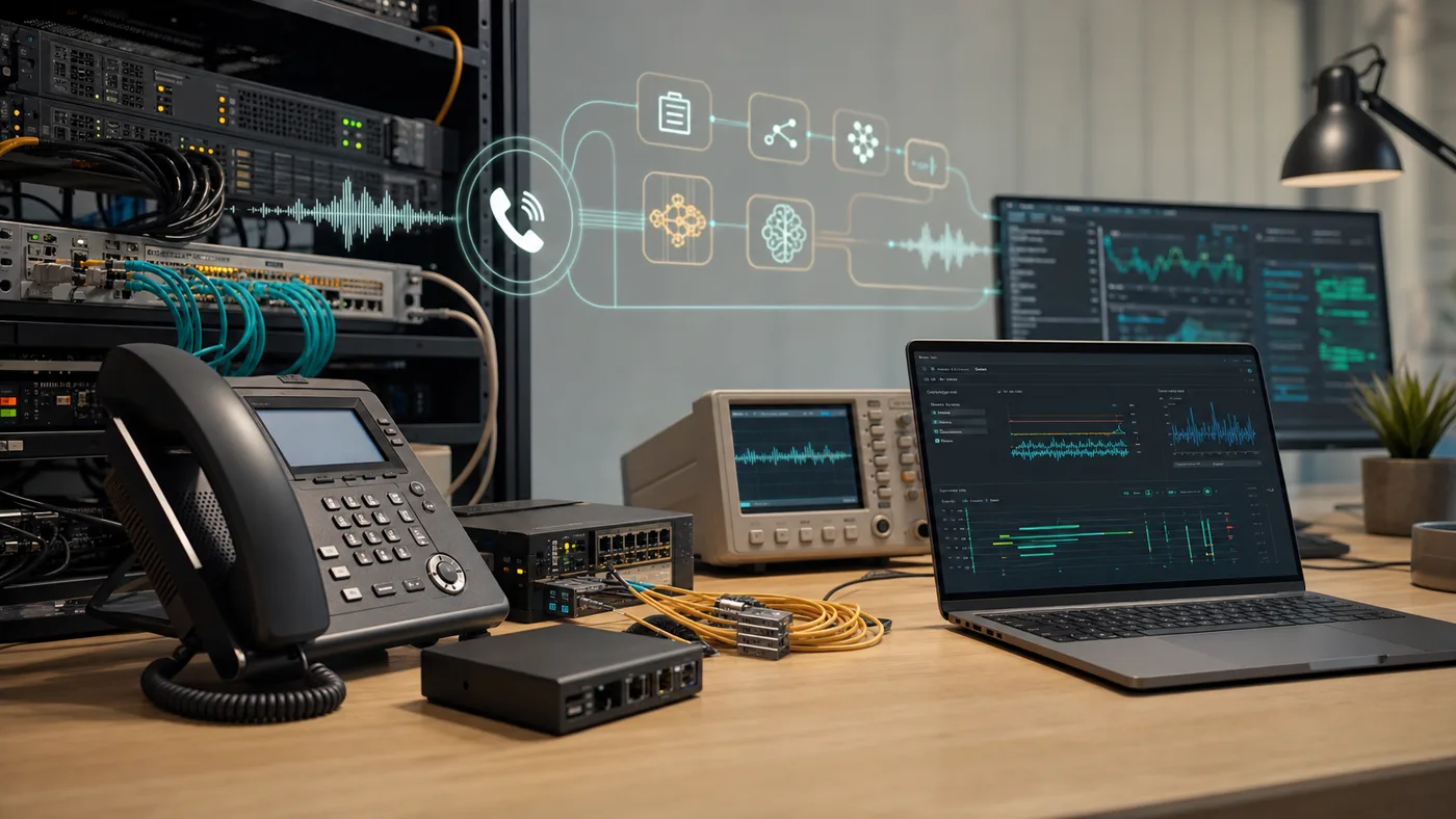 Carrier voice infrastructure workbench with rack equipment, SIP phone, cables, waveform monitor, and AI orchestration traces.