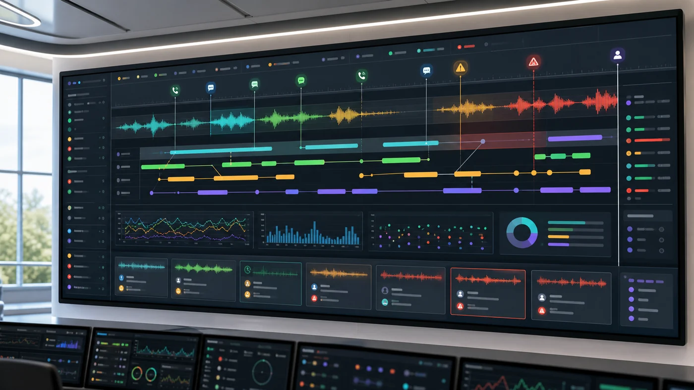 Voice AI observability wall with waveform timelines, latency lanes, tool-call traces, alert markers, and replay panels.
