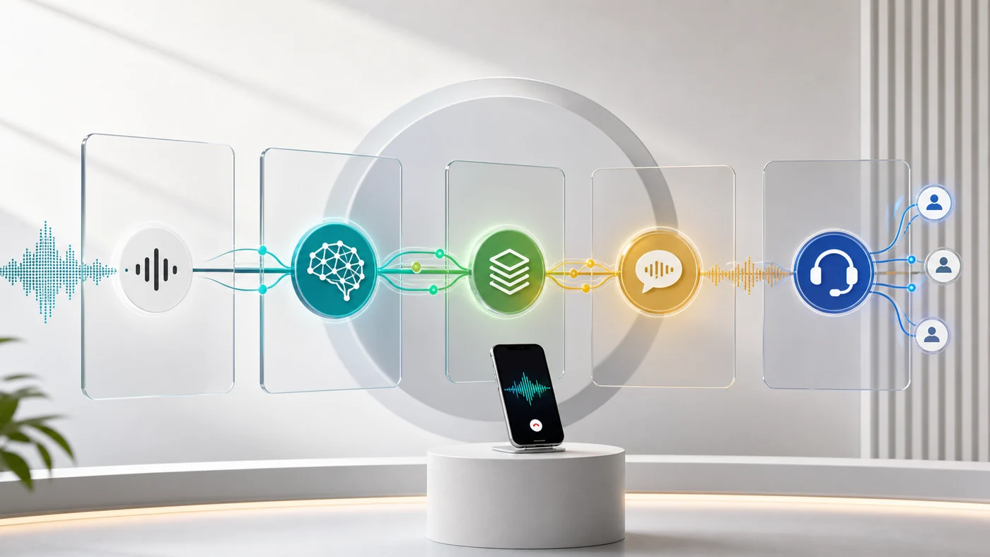 Studio call-flow visual showing audio moving through speech capture, AI reasoning, business-system lookup, voice response, and human fallback stages.